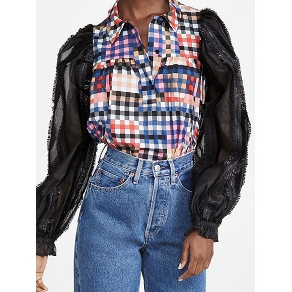 Munthe Lima Check Poplin Flocked Long Sleeve Plaid Metallic Blouse Casual Work - Picture 1 of 9